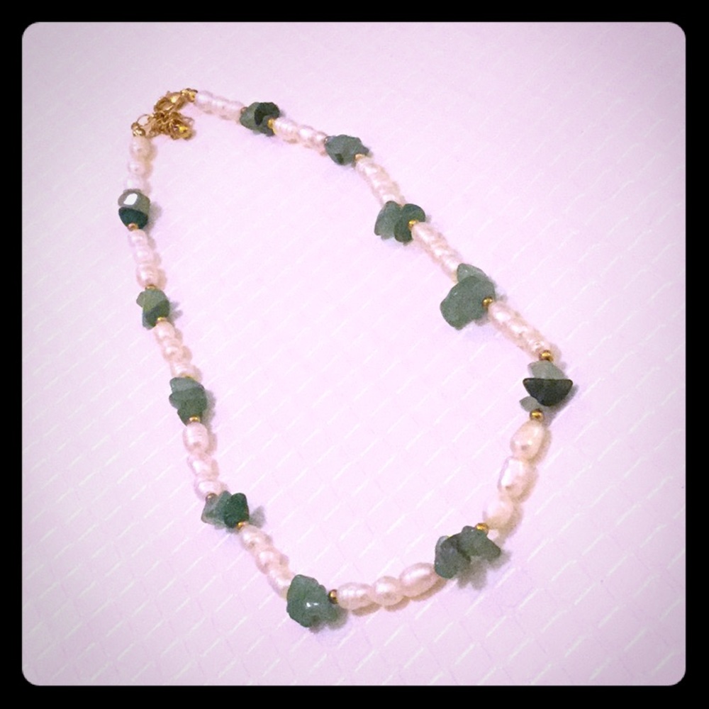 Beautiful Pearl-like and Green stone necklace